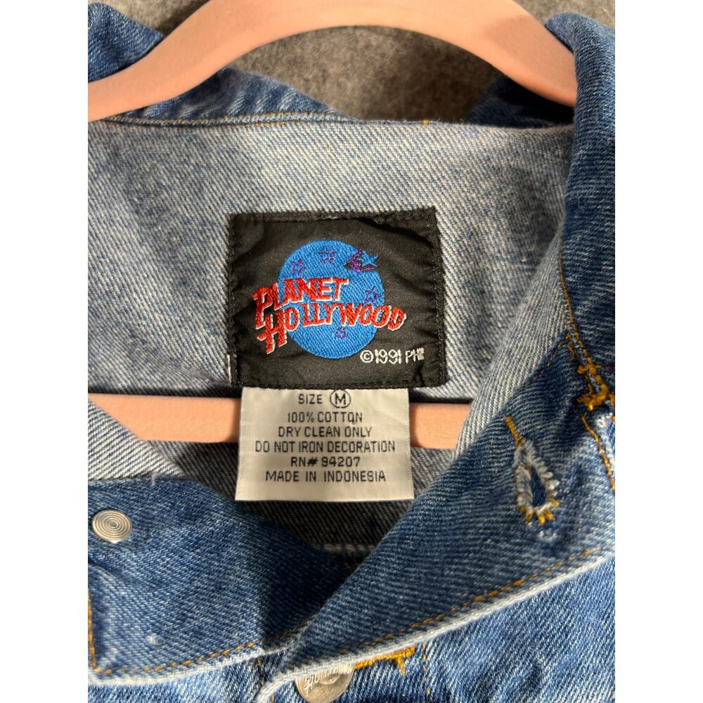 Vintage 90s Planet Hollywood Houston Trucker Jacket Mens M Blue Denim Outdoor - Picture 7 of 7